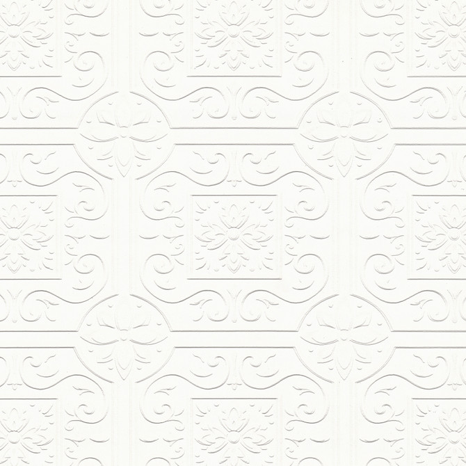 Brewster Ibold White Tin Ceiling Scroll Paintable Wallpaper PaintWorks Covers about 57.5 square feet Germany Prepasted 6.25-in repeat, straight match 20.9-in by 33-ft long roll - My Fabric Connection -