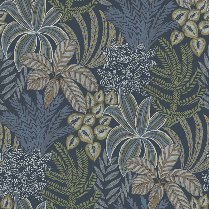 A-Street Prints Sumner Navy Woodland Botanical Wallpaper Revival Covers about 60.8 square feet United States Unpasted 27-in repeat, straight match 27-in by 27-ft long roll - My Fabric Connection -