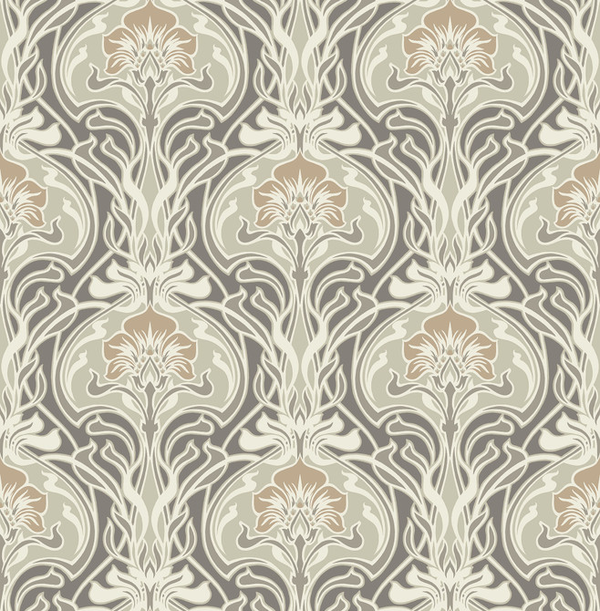 A-Street Prints Mucha Dark Grey Botanical Ogee Wallpaper Revival Covers about 56.4 square feet 20.5-in by 33-ft long roll Unpasted 20.9 - My Fabric Connection -