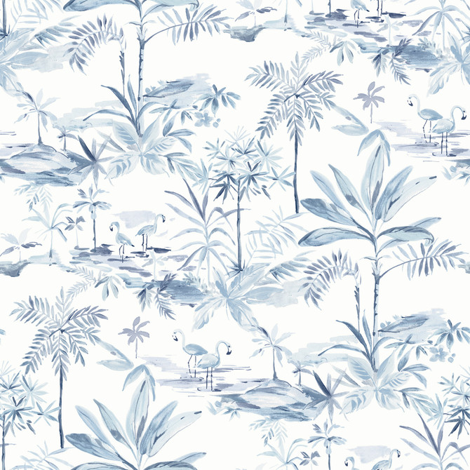 Chesapeake Lagoon Blue Scenic Island Wallpaper Sanibel Covers about 56.4 square feet United States Prepasted 20.5-in repeat, straight match 20.5-in by 33-ft long roll - My Fabric Connection -