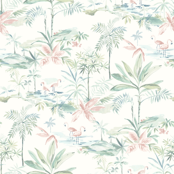 Chesapeake Lagoon Teal Scenic Island Wallpaper Sanibel Covers about 56.4 square feet United States Prepasted 20.5-in repeat, straight match 20.5-in by 33-ft long roll - My Fabric Connection -