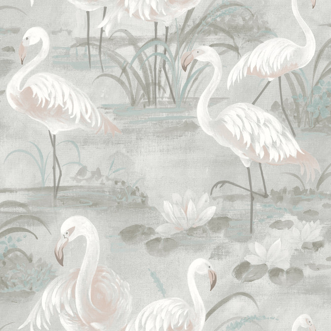 Chesapeake Everglades Grey Flamingos Wallpaper Sanibel Covers about 56.4 square feet United States Prepasted 20.5-in repeat, drop match 20.5-in by 33-ft long roll - My Fabric Connection -