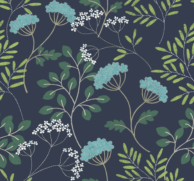 A-Street Prints Sorrel Navy Botanical Wallpaper Scott Living II Covers about 60.8 square feet Great Britain Unpasted 25.2-in repeat, straight match 27-in by 27-ft long roll - My Fabric Connection -