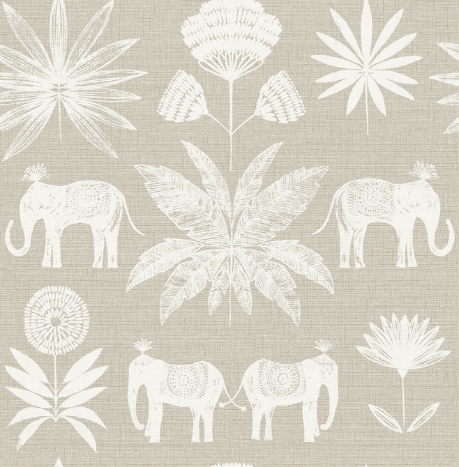 A-Street Prints Bazaar Light Grey Elephant Oasis Wallpaper Seychelles Covers about 56.4 square feet Great Britain Unpasted 20.9-in repeat, straight match 20.5-in by 33-ft long roll - My Fabric Connection -