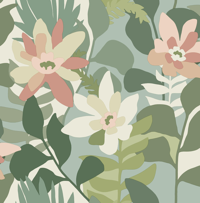 A-Street Prints Koko Green Floral Wallpaper Seychelles Covers about 56.4 square feet Great Britain Unpasted 20.9-in repeat, drop match 20.5-in by 33-ft long roll - My Fabric Connection -