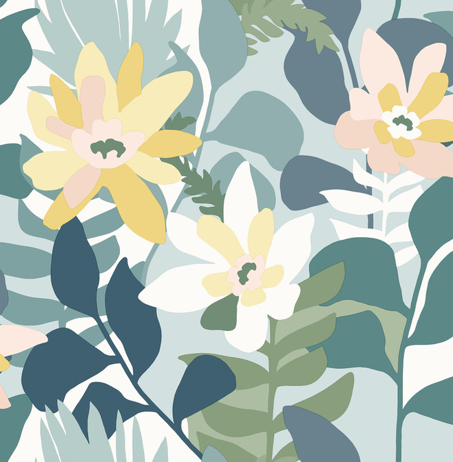 A-Street Prints Koko Turquoise Floral Wallpaper Seychelles Covers about 56.4 square feet Great Britain Unpasted 20.9-in repeat, drop match 20.5-in by 33-ft long roll - My Fabric Connection -