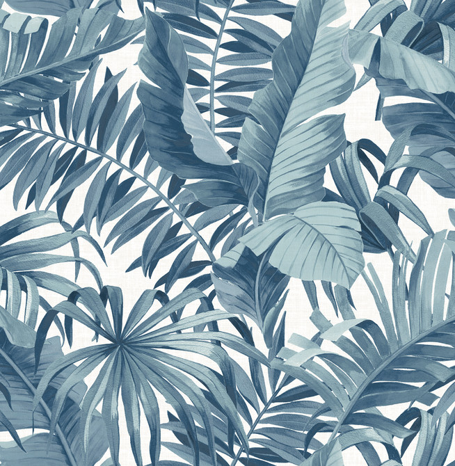 A-Street Prints Alfresco Navy Palm Leaf Wallpaper Solstice Covers about 56.4 square feet Great Britain Unpasted 21-in repeat, drop match 20.5-in by 33-ft long roll - My Fabric Connection -