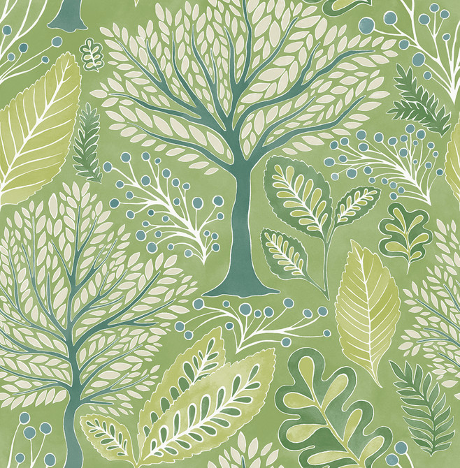 Advantage Kiah Green Forest Wallpaper Splash Covers about 56.4 square feet Great Britain Unpasted 20.9-in repeat, straight match 20.5-in by 33-ft long roll - My Fabric Connection -