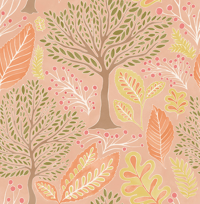 Advantage Kiah Blush Forest Wallpaper Splash Covers about 56.4 square feet Great Britain Unpasted 20.9-in repeat, straight match 20.5-in by 33-ft long roll - My Fabric Connection -