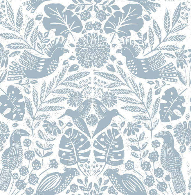 A-Street Prints Nestle Blue Bird Block Print Wallpaper Terrace Covers about 56.4 square feet Great Britain Unpasted 20.86-in repeat, straight match 20.5-in by 33-ft long roll - My Fabric Connection -