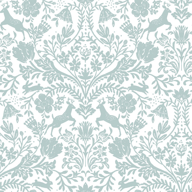 Chesapeake Forest Dance Aqua Damask Wallpaper Thoreau Covers about 56.4 square feet United States Prepasted 20.5-in repeat, straight match 20.5-in by 33-ft long roll - My Fabric Connection -