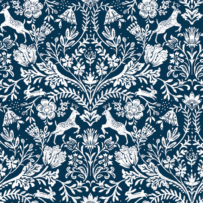 Chesapeake Forest Dance Navy Damask Wallpaper Thoreau Covers about 56.4 square feet United States Prepasted 20.5-in repeat, straight match 20.5-in by 33-ft long roll - My Fabric Connection -