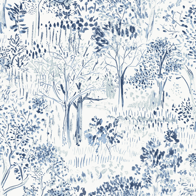 Chesapeake Walden Navy Forest Wallpaper Thoreau Covers about 56.4 square feet United States Prepasted 20.5-in repeat, half drop match 20.5-in by 33-ft long roll - My Fabric Connection -