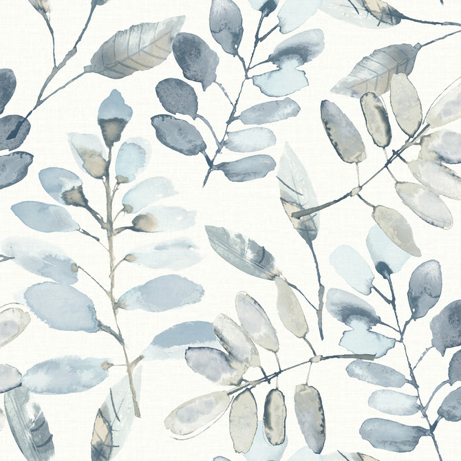 Chesapeake Pinnate Blue Leaves Wallpaper Thoreau Covers about 56.4 square feet United States Prepasted 20.5-in repeat, half drop match 20.5-in by 33-ft long roll - My Fabric Connection -