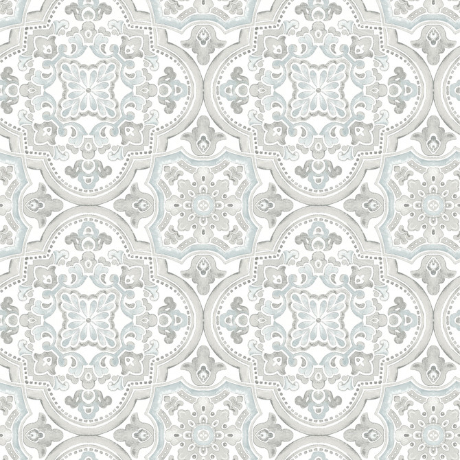 Chesapeake Concord Aqua Medallion Wallpaper Thoreau Covers about 56.4 square feet United States Prepasted 10.25-in repeat, straight match 20.5-in by 33-ft long roll - My Fabric Connection -