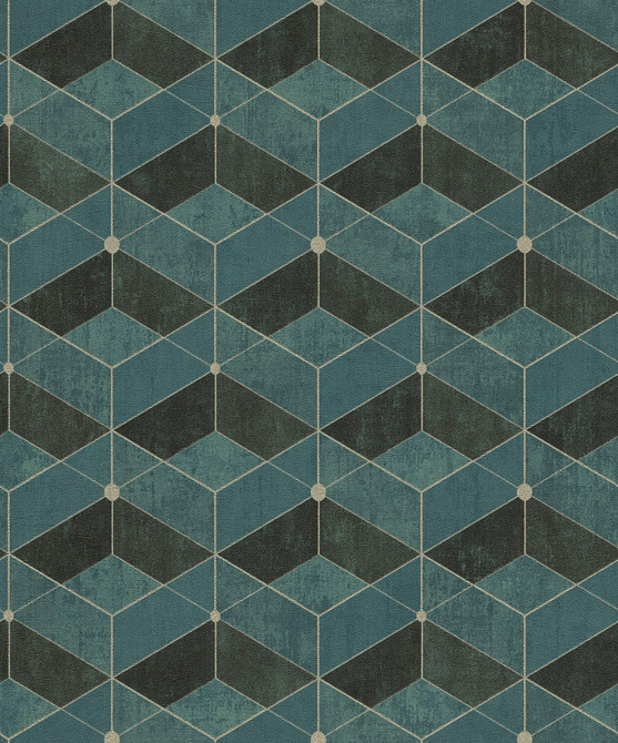 Advantage Muir Teal Geo Wallpaper Titanium Covers about 57.5 square feet Germany Unpasted 8.3-in repeat, straight match 20.9-in by 33-ft long roll - My Fabric Connection -