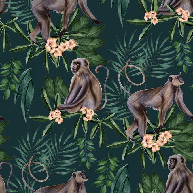 ohpopsi Morris Dark Blue Tropical Jungle Wallpaper Wild Covers about 54.2 square feet Great Britain Unpasted 19.7-in repeat, straight match 19.7-in by 33-ft long roll - My Fabric Connection -