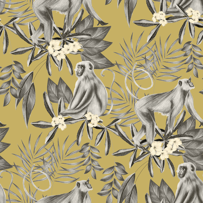 ohpopsi Morris Mustard Tropical Jungle Wallpaper Wild Covers about 54.2 square feet Great Britain Unpasted 19.7-in repeat, straight match 19.7-in by 33-ft long roll - My Fabric Connection -