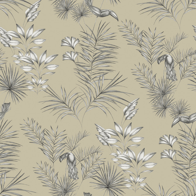 ohpopsi Shelly Grey Toucan Toile Wallpaper Wild Covers about 54.2 square feet Great Britain Unpasted 19.7-in repeat, straight match 19.7-in by 33-ft long roll - My Fabric Connection -