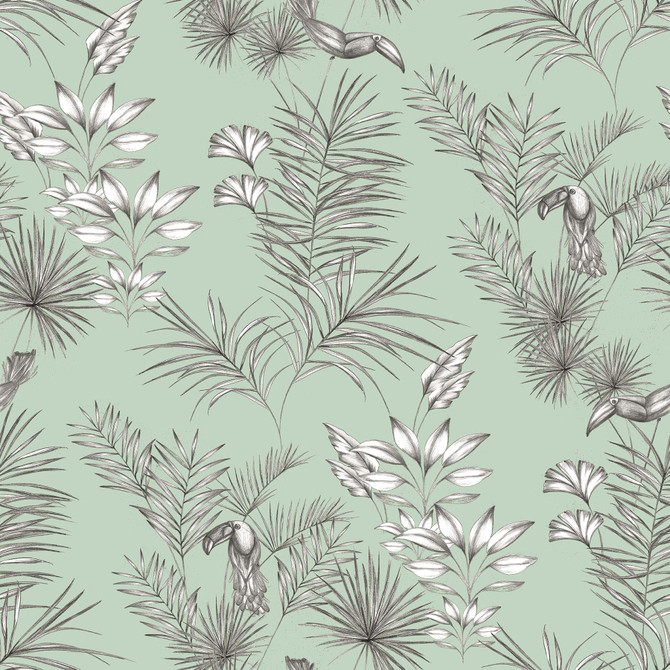 ohpopsi Shelly Mint Toucan Toile Wallpaper Wild Covers about 54.2 square feet 19.7-in by 33-ft long roll Unpasted 19.7 - My Fabric Connection -