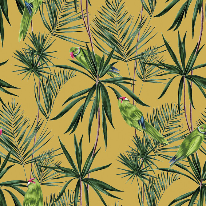 ohpopsi Pebbles Mustard Paradise Wallpaper Wild Covers about 54.2 square feet Great Britain Unpasted 19.7-in repeat, straight match 19.7-in by 33-ft long roll - My Fabric Connection -