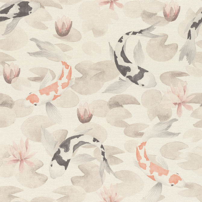 Advantage Nobu Beige Koi Fish Wallpaper Windsong Covers about 57.5 square feet Germany Unpasted 20.9-in repeat, straight match 20.9-in by 33-ft long roll - My Fabric Connection -