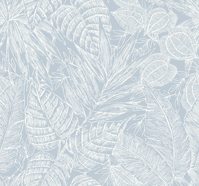 A-Street Prints Brentwood Sky Blue Palm Leaves Wallpaper Scott Living III Covers about 60.8 square feet 27-in by 27-ft long roll Unpasted 25.25 - My Fabric Connection -