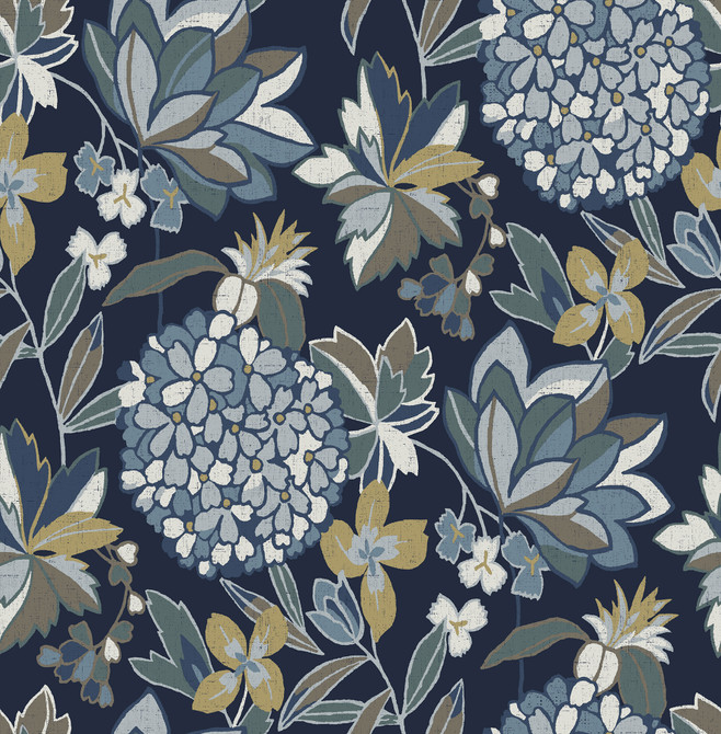A-Street Prints Valdivian Indigo Floral Wallpaper Harmony Covers about 56.4 square feet Great Britain Unpasted 20.86-in repeat, straight match 20.5-in by 33-ft long roll - My Fabric Connection -