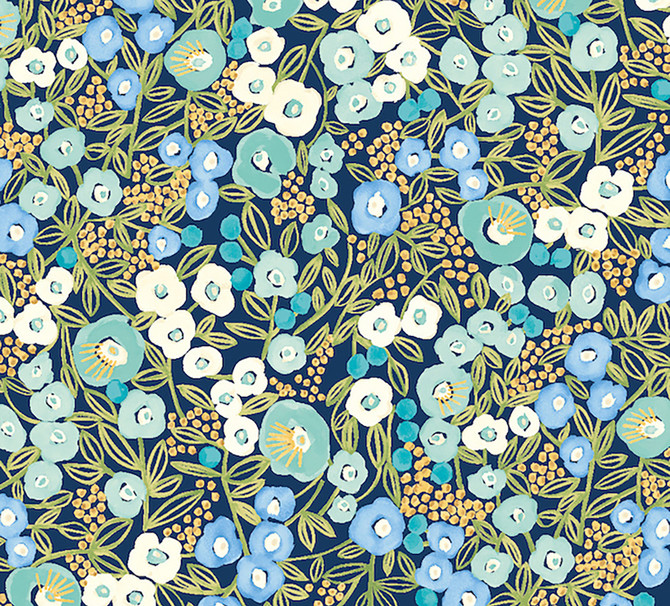 ohpopsi Flora Ditsy Blue Garden Wallpaper Glasshouse Covers about 54.2 square feet Great Britain Unpasted 16-in repeat, straight match 19.7-in by 33-ft long roll - My Fabric Connection -