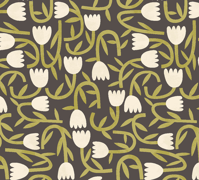 ohpopsi Aino Black Tiny Tulip Wallpaper Glasshouse Covers about 54.2 square feet Great Britain Unpasted 15.7-in repeat, straight match 19.7-in by 33-ft long roll - My Fabric Connection -