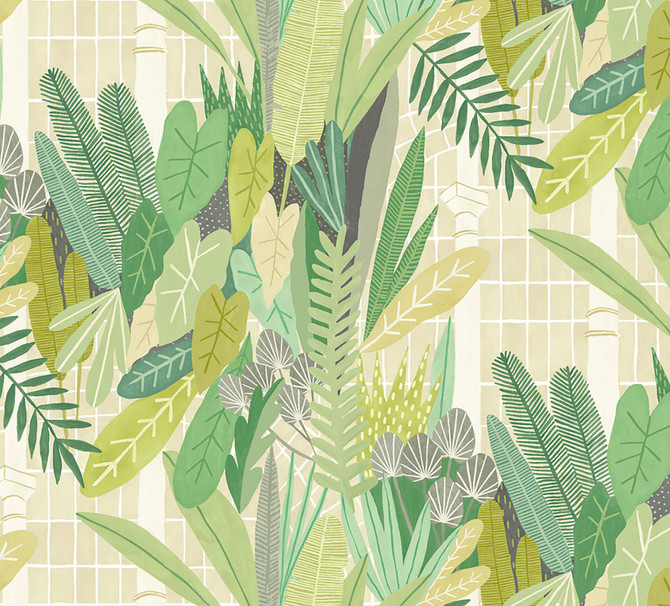 ohpopsi Glasshouse Green Tropical Damask Wallpaper Glasshouse Covers about 54.2 square feet Great Britain Unpasted 24.6-in repeat, half drop match 19.7-in by 33-ft long roll - My Fabric Connection -