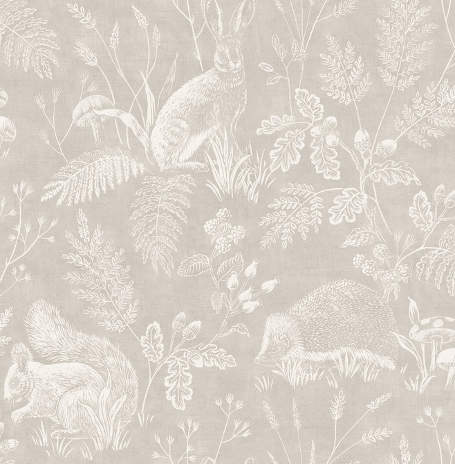 Advantage Woodland Light Grey Toile Wallpaper Westbury Forest Covers about 56.4 square feet Great Britain Unpasted 20.9-in repeat, drop match 20.5-in by 33-ft long roll - My Fabric Connection -