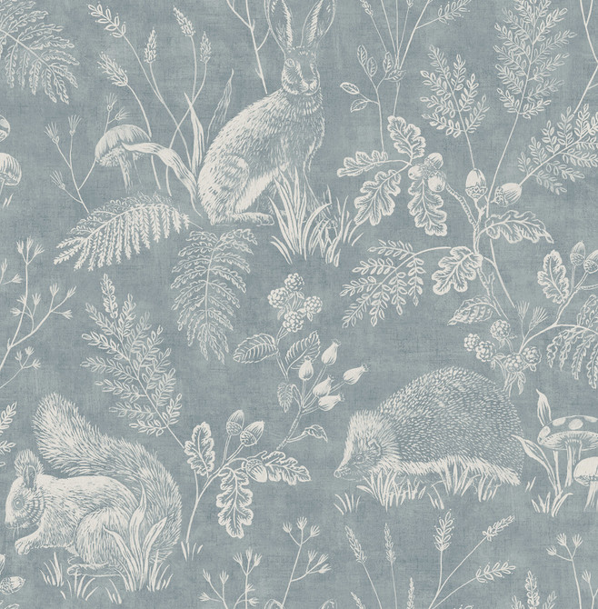 Advantage Woodland Blue Toile Wallpaper Westbury Forest Covers about 56.4 square feet Great Britain Unpasted 20.9-in repeat, drop match 20.5-in by 33-ft long roll - My Fabric Connection -