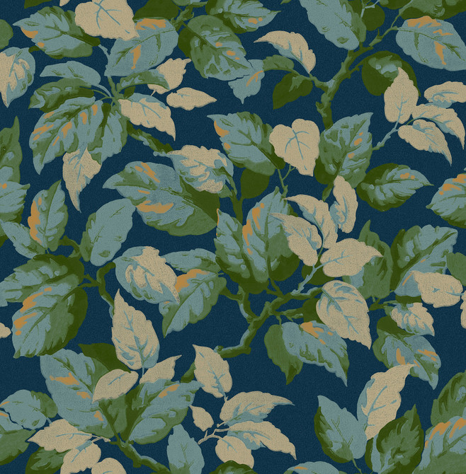 Advantage Canopy Navy Leaf Wallpaper Westbury Forest Covers about 56.4 square feet 20.5-in by 33-ft long roll Unpasted 20.9 - My Fabric Connection -