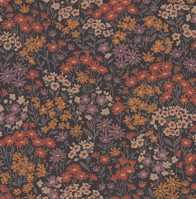 Advantage Ditsy Orange Daisies Wallpaper Westbury Forest Covers about 56.4 square feet Great Britain Unpasted 20.9-in repeat, drop match 20.5-in by 33-ft long roll - My Fabric Connection -