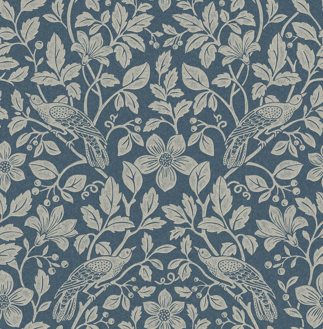 Advantage Marlow Dark Blue Bird Vine Wallpaper Westbury Forest Covers about 56.4 square feet Great Britain Unpasted 20.9-in repeat, straight match 20.5-in by 33-ft long roll - My Fabric Connection -