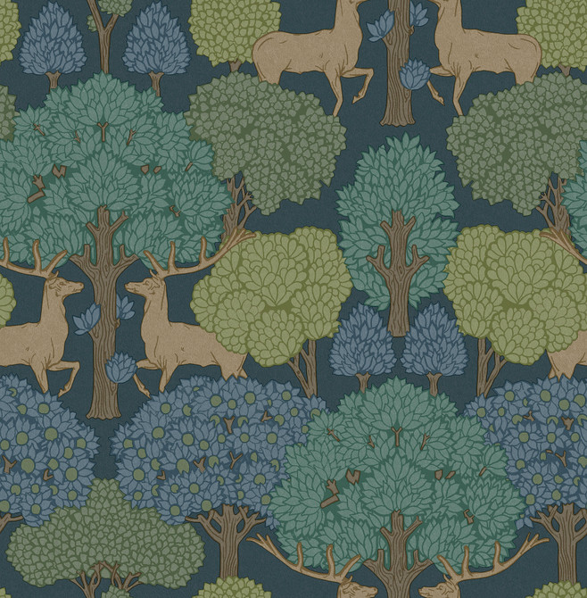 Advantage Forest of Arden Blue Deer Wallpaper Westbury Forest Covers about 56.4 square feet Great Britain Unpasted 20.9-in repeat, straight match 20.5-in by 33-ft long roll - My Fabric Connection -