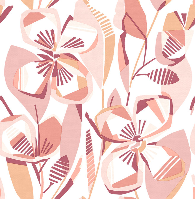 A-Street Prints Nathalie Coral Abstract Blooms Wallpaper Whimsy Covers about 56.4 square feet Great Britain Unpasted 20.9-in repeat, straight match 20.5-in by 33-ft long roll - My Fabric Connection -