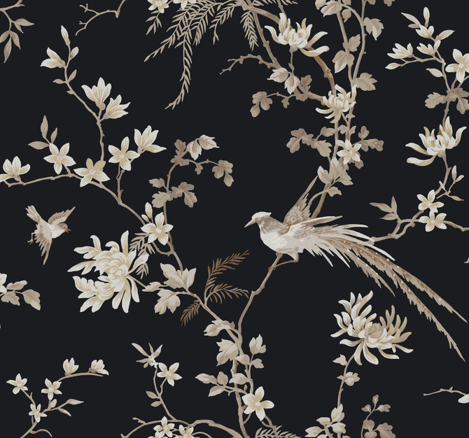 Ronald Redding Bird & Blossom Chinoserie Black Wallpaper 24 Karat Covers about 60.8 square feet United States Unpasted 25.25-in repeat, drop match 27-in by 27-ft long roll - My Fabric Connection -