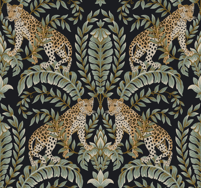 Ronald Redding Jungle Leopard Black & Green Wallpaper 24 Karat Covers about 60.8 square feet United States Unpasted 25.25-in repeat, straight match 27-in by 27-ft long roll - My Fabric Connection -