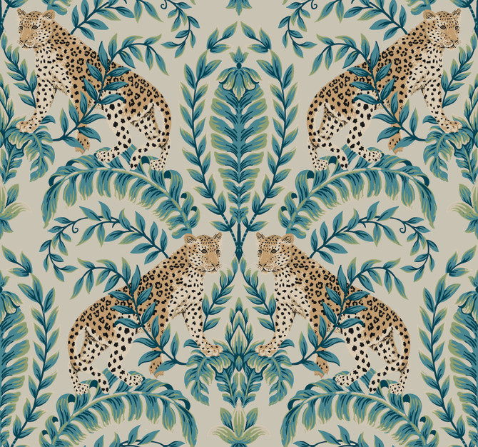 Ronald Redding Jungle Leopard Taupe Wallpaper 24 Karat Covers about 60.8 square feet United States Unpasted 25.25-in repeat, straight match 27-in by 27-ft long roll - My Fabric Connection -