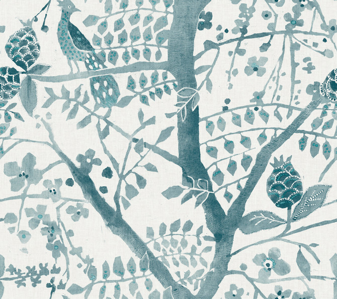 Antonina Vella Peacock Block Print Teal Wallpaper Antonina Vella Boho Luxe Covers about 60.8 square feet United States Unpasted 24-in repeat, straight match 27-in by 27-ft long roll - My Fabric Connection -
