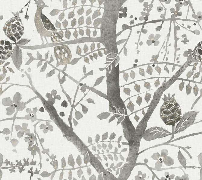 Antonina Vella Peacock Block Print Grey Wallpaper Antonina Vella Boho Luxe Covers about 60.8 square feet 27-in by 27-ft long roll Unpasted 24 - My Fabric Connection -