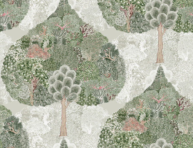 Antonina Vella Mystic Forest Green & Coral Wallpaper Antonina Vella Boho Luxe Covers about 60.8 square feet 27-in by 27-ft long roll Unpasted 20.5 - My Fabric Connection -