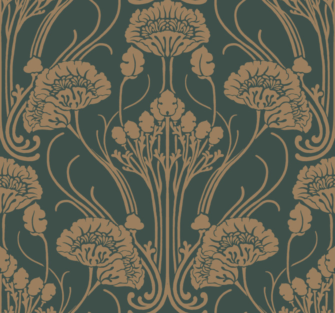 Antonina Vella Nouveae Damask Green Wallpaper Antonina Vella Deco Covers about 60.8 square feet United States Unpasted 25.25-in repeat, straight match 27-in by 27-ft long roll - My Fabric Connection -