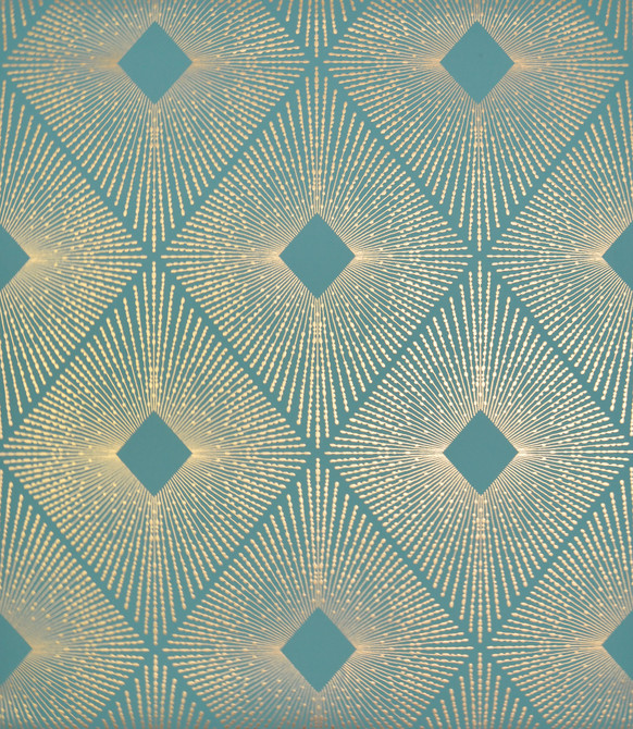 Antonina Vella Harlowe Teal & Gold Wallpaper Antonina Vella Modern Metals Covers about 56.9 square feet China Unpasted 12.6-in repeat, straight match 20.8-in by 32.8-ft long roll - My Fabric Connection -