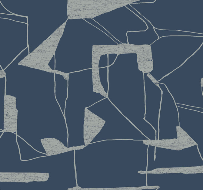 Antonina Vella Abstract Geo Navy & Silver Wallpaper Antonina Vella Modern Metals Second Edition Covers about 60.5 square feet China Unpasted 25.2-in repeat, drop match 27-in by 26.9-ft long roll - My Fabric Connection -