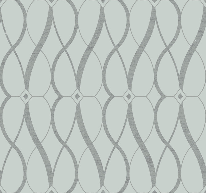 Antonina Vella Graceful Geo Spa & Silver Wallpaper Antonina Vella Modern Metals Second Edition Covers about 60.5 square feet China Unpasted 25.2-in repeat, straight match 27-in by 26.9-ft long roll - My Fabric Connection -