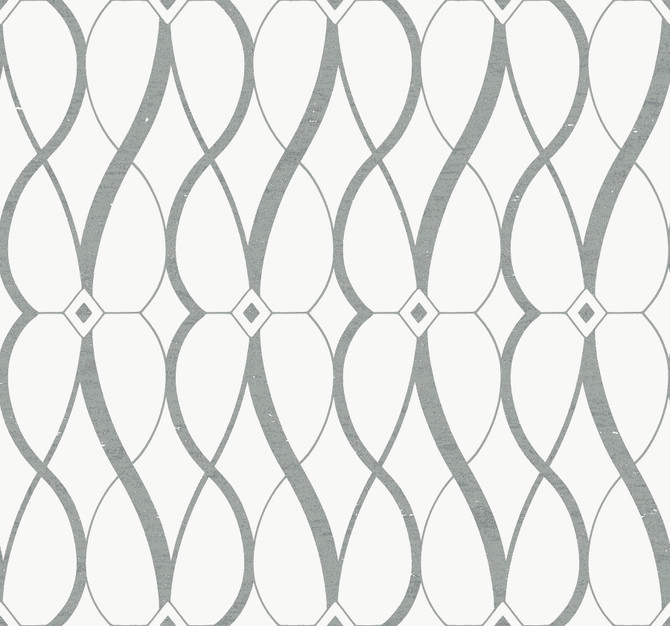 Antonina Vella Graceful Geo White & Silver Wallpaper Antonina Vella Modern Metals Second Edition Covers about 60.5 square feet China Unpasted 25.2-in repeat, straight match 27-in by 26.9-ft long roll - My Fabric Connection -