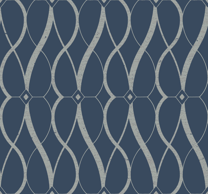 Antonina Vella Graceful Geo Navy & Silver Wallpaper Antonina Vella Modern Metals Second Edition Covers about 60.5 square feet China Unpasted 25.2-in repeat, straight match 27-in by 26.9-ft long roll - My Fabric Connection -